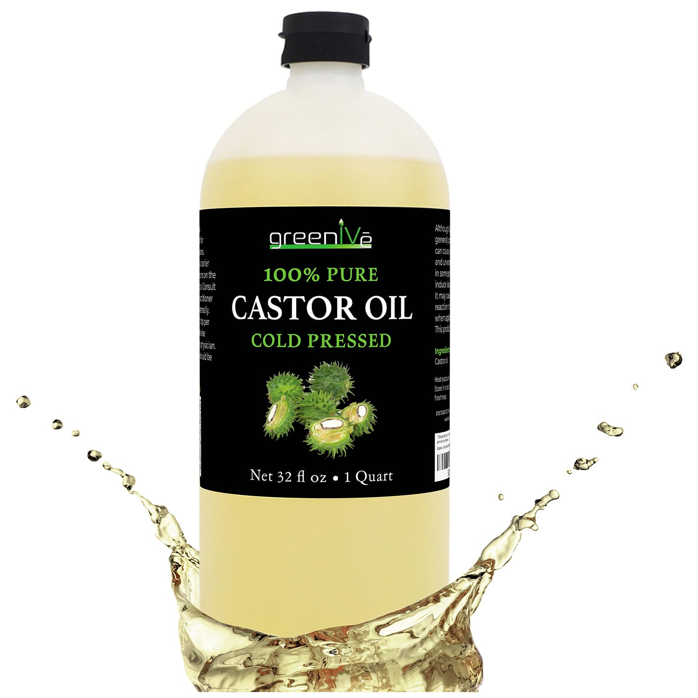 GreenIVe 100% Pure Castor Oil â€“ Cold-Pressed, Hexane-Free â€“ Hair, Eyebrows, Eyelashes, Skin Moisturizer, Castor Pack Wrap Oil Bulk Bottle (32 Fl oz)