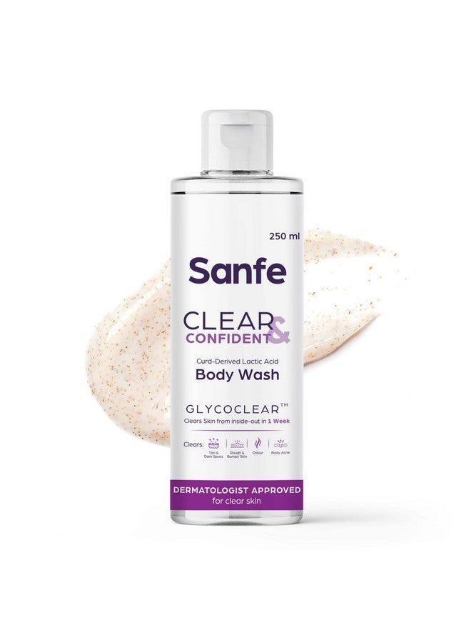 Sanfe Clear & Confident Glycolic Acid Body Wash | AHA Exfoliation for Rough & Bumpy Skin, Tan, Acne & Strawberry Skin | Smooth Skin from 1st Use | 250ml Daily Shower Gel