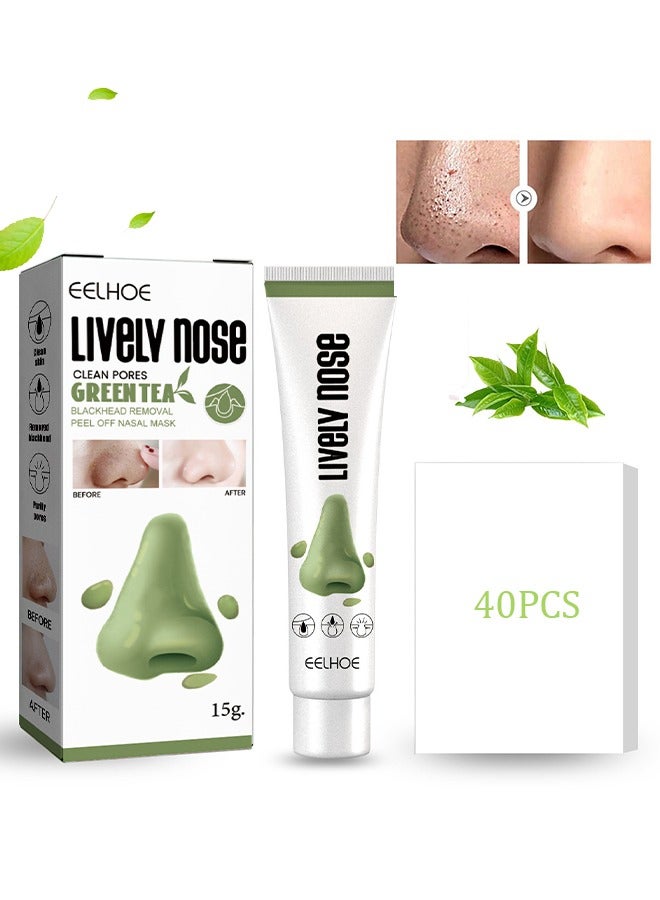 Green Tea Reducing Blackhead Peel Off Nasal Mask,Deep Cleaning Skin Care Peel Off Masks, Oil Control Deep Purifying Charcoal Black Mud Mask, Deep Pore Cleansing, Brightening For All Skin Types 15g＋40 pcs Nose Strips