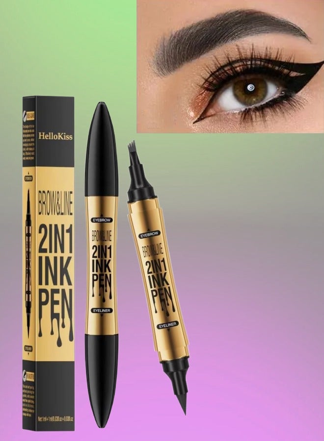 Brow and Line 2in1 Ink Pen for Eyebrow and Eyeliner Pen Waterproof Eyeliner Pencil 3D Microblading Eyebrow Tattoo Pencil 4 Fork Tip with Eyeliner Grey Eyebrow and Black Eyeliner Pencil 03