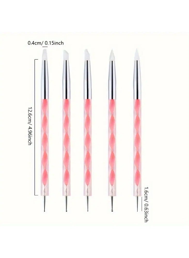 5pcs Dual-Ended Nail Art Pens Set - Hypoallergenic Silicone & Stainless Steel Dotting Tools for Acrylic, Marble Designs - Perfect for Manicurists and Nail Enthusiasts