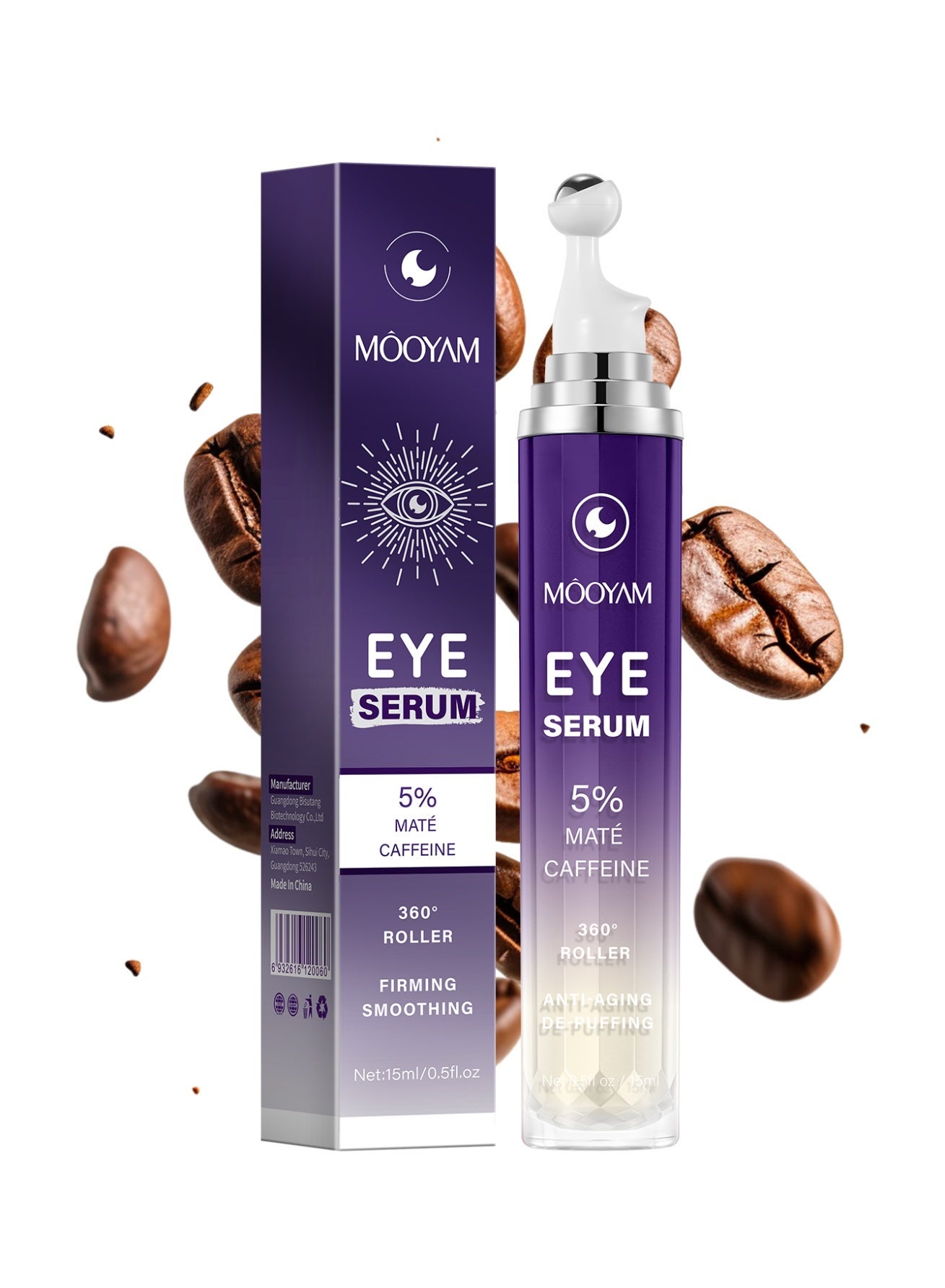 Eye Serum with 5% Mate Caffeine for Dark Circles, Puffiness Puffy Bags & Wrinkles Fine Lines - Under Eye Cream Anti Aging Treatment with 360° Massage Roller Ball for Men & Women