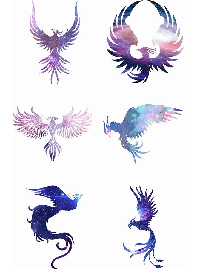 6 Sheets Temporary Tattoo Phoenix Purple Bird Starrysky Fake Tattoos Hand tattoos for Women Girls