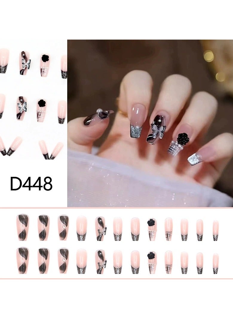 Sweet Cool Girl Style Cat Eye Press On Nails – Medium Long 3D Flower Butterfly Removable Fake Nails, 30pcs, Party/Formal Wear