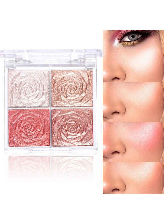 Blush And Highlighter Palette, 4 Colors Metallic Shimmer Shadow Powder, Illuminator Makeup Set For Shading, Highlighting And Defining The Face, Long Lasting Highlighter Makeup