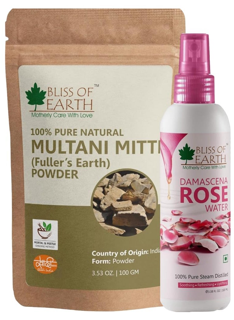 Multani Mitti Fine Powder 100gm with 100ml Rose Water Best Organic And Natural Face Mask for Pimple Acne Smooth Skin Chemical Free