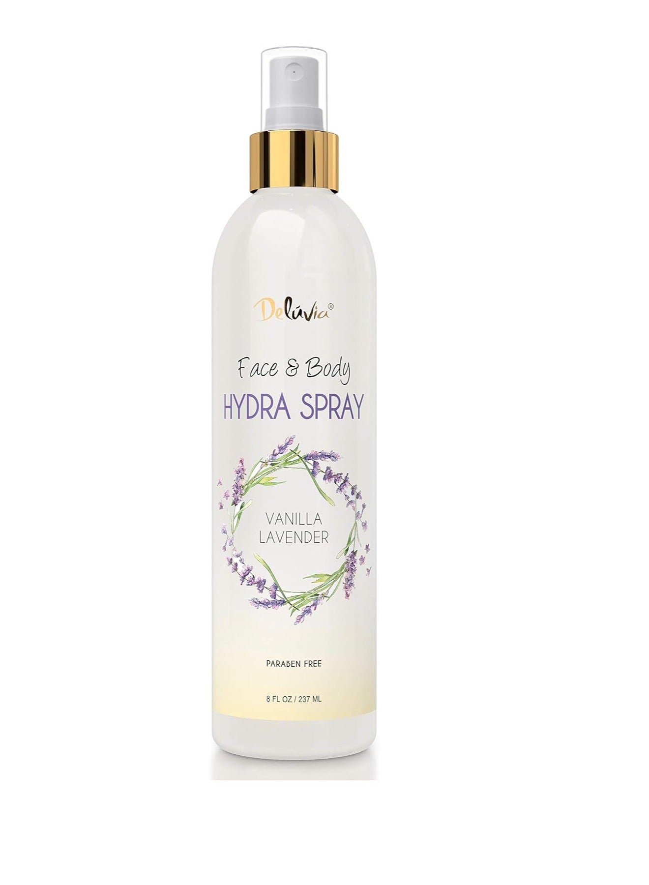 Deluvia Hydra Spray, Moisturizing Body Spray and Face Mist with Essential Oils, Organic Aloe Vera, Dead Sea Salts, Provitamin A, Vitamin C. Alcohol Free, Paraben Free. (Vanilla Lavender)