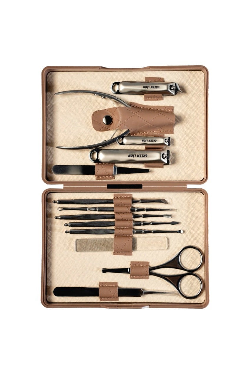 13 in 1 Manicure Kit with Stainless Steel Material / Nail Cleaner / Nail Clipper / Dead Skin Scraper / Cuticle Scissors / Glass Nail File / Cuticle Nipper / Cuticle Pusher / Nail Art Tool / Peeling Knife / Lancet Tool / Tweezer – Brown