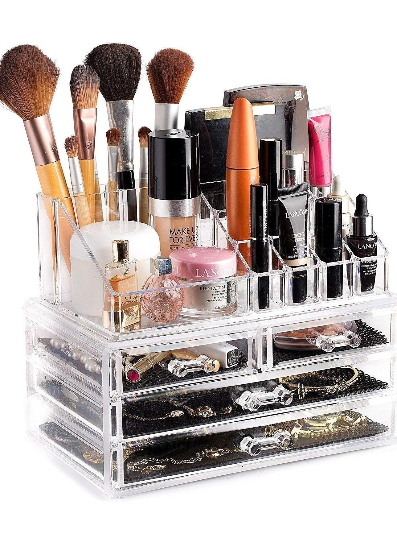 ORiTi VIO 4 Drawer & 16 Compartment Acrylic Cosmetics Makeup Organizer Box Jewelry Stand. Luxury Countertop Open Storage Bathroom Vanity Decorative Dresser Tray for Cosmetics Lipstick Skincare