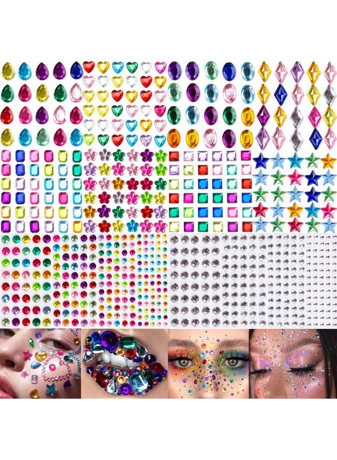 10 Sheets Face Gems Jewels for Makeup Self Adhesive Assorted Shapes Rhinestones for Christmas Crafts, Eye Body Gems Nail Art Festival Party Rave Accessories for Women