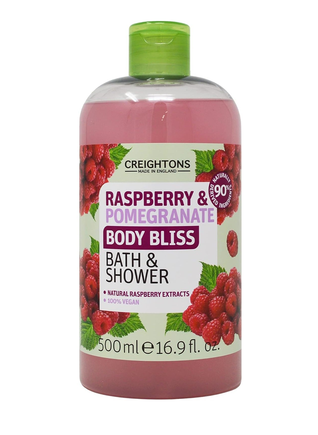 Body Bliss Raspberry and Pomegranate Bath and Shower Gel 500ml with 90 percent Naturally Derived Ingredients Cruelty Free Vegan Friendly