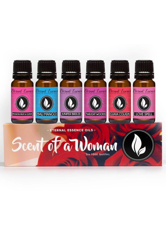 a Woman Set of 6 Premium Fragrance Oils - Includes Guava Colada, Twilight Woods, Bali Mango, Passion Fruit & Guava, Juniper Breeze, and Love Spell Scented Oils - 10ML