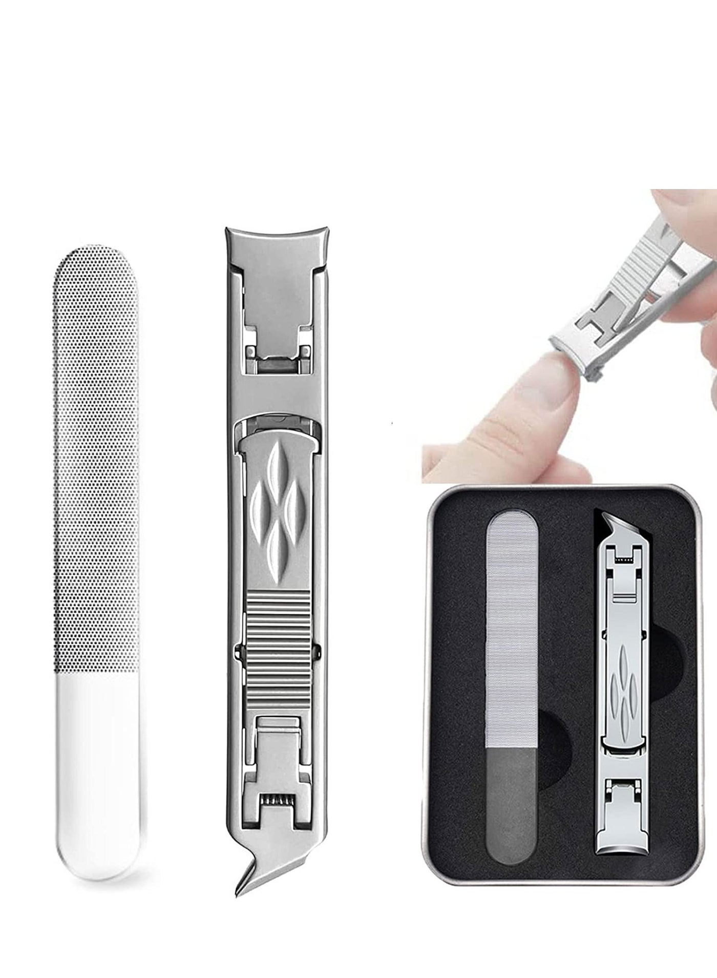 Multifunctional Stainless Steel Fingernail and Toenail Clipper Cutters Foldable Wide Jaw Opening Cutter with Safety Lock Double Head Curved Slanted Trimmer Sharp Nail File Box