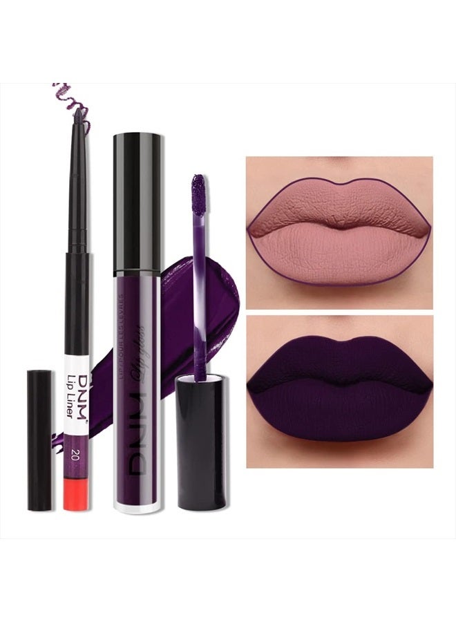 2Pcs Dark Purple Lip Liner and Lipstick Matte Makeup Set,Darkest Eggplant Plum Lipstick 24H with Lip Liner Set Matt Liquid Long Lasting Mate Dark Plum Dark Berry Lipstick (#20)