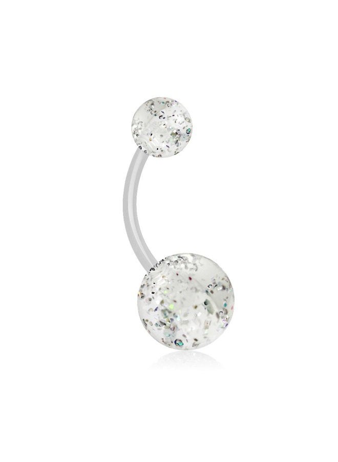 Belly Button Rings Metal Free Belly Ring Bioflex Barbell with Clear or Glitter Double Balls 14G (Clear Glitter)