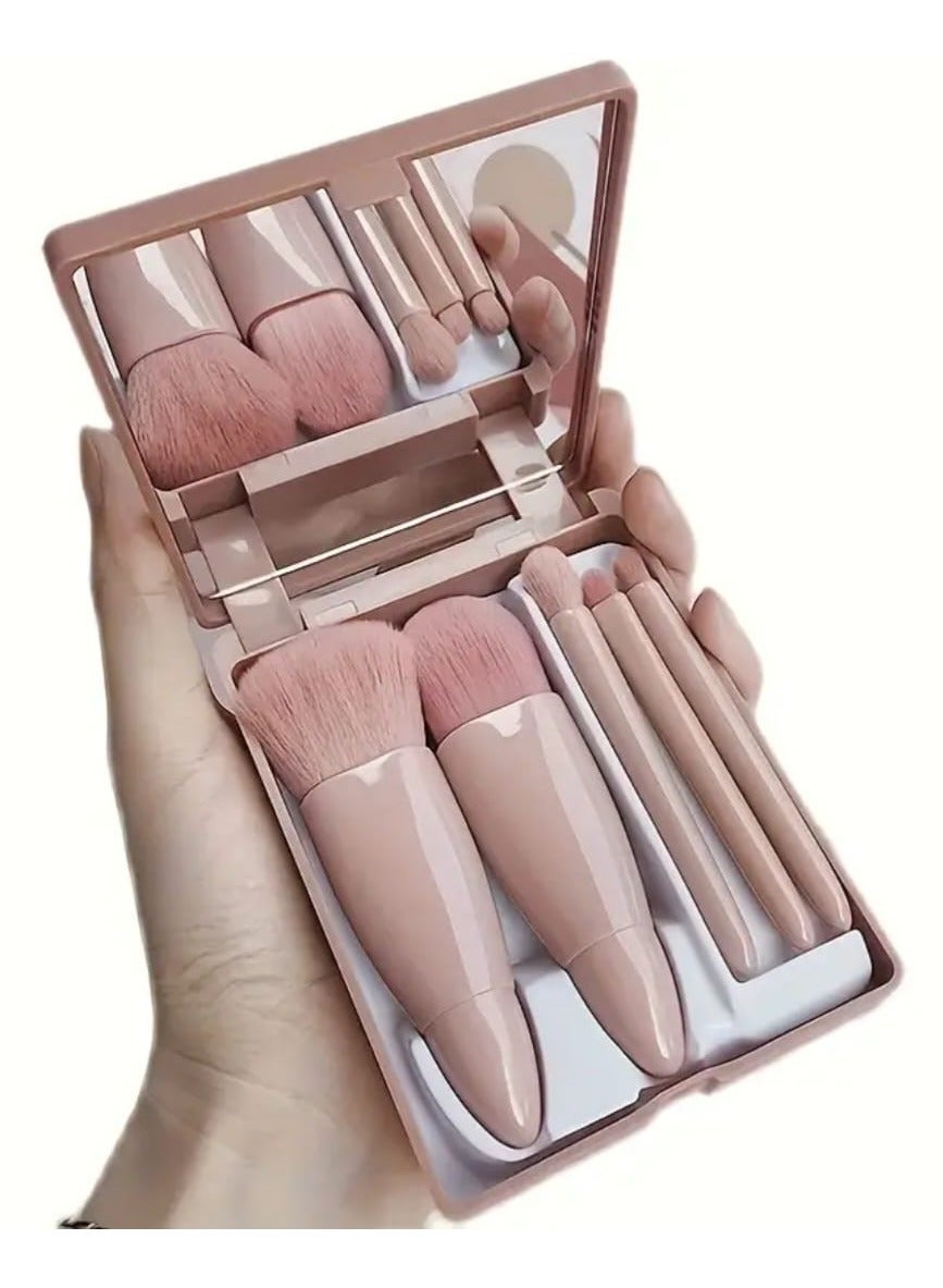 5-Piece Portable Travel Makeup Brush Set with LED Mirror Case – Professional Foundation, Powder, Concealer & Eyeshadow Brushes – Coffee Color