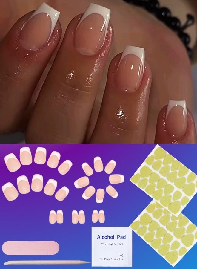 Press on Nails Set,False Nails,Fake Nails Set for Women Girls Nail Art Accessories with Glue Stickers for Easy Apply,Stick on Fingernails Set White French Tip Nails,Nude Pink Press on Nails Solid Glue On Nails Full Cover Short Square False Nails 24Pcs