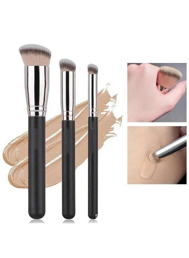 3 PCS Foundation Concealer Brushes, Under Eye Mini Angled Brush, Nose Contour Brush, Small Makeup Foundation Brushes for Blending Liquid Cream and Powder Buffing Stippling