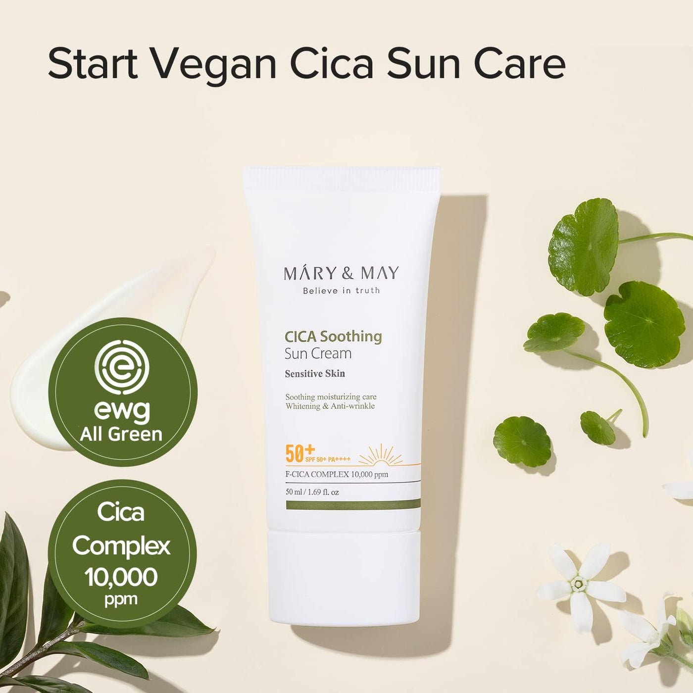 Vegan CICA Soothing Sun Cream SPF50+ PA++++ - Lightweight Korean Sunscreen with Centella Asiatica, Niacinamide & Hyaluronic Acid, 50ml - image 2