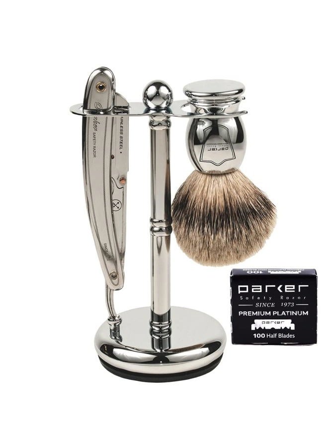Parker SR1 Men's Shave Set – Pure Badger Brush, Shave Stand, Razor & 100 Blades