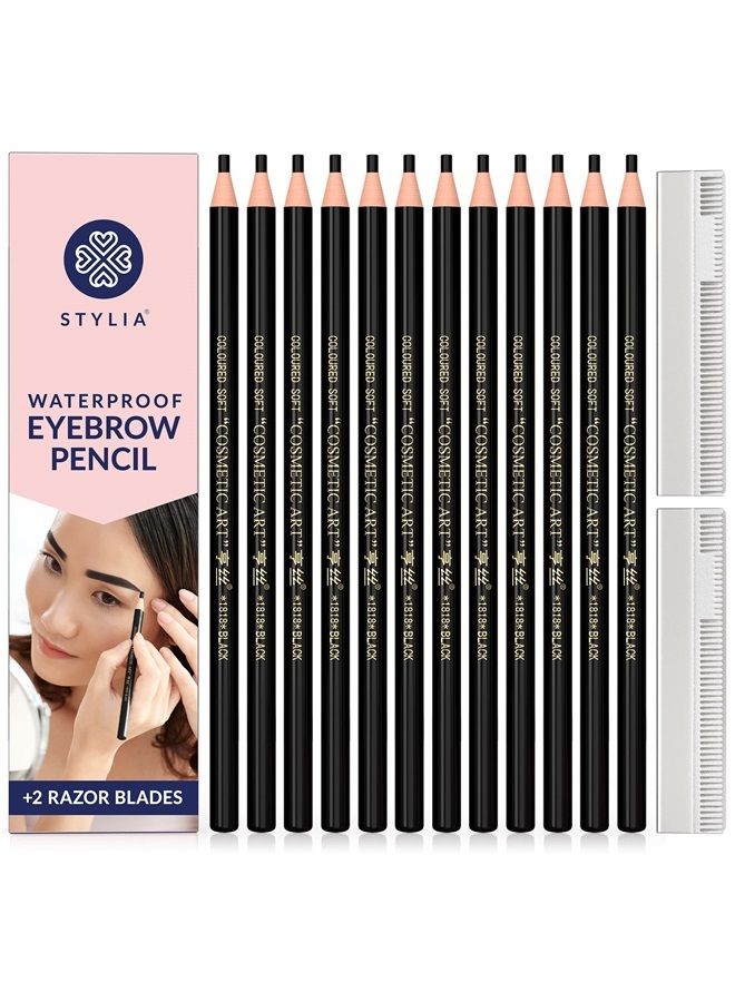 Microblading Supplies Waterproof Eyebrow Pencil - 12 Piece Black Brow Mapping Pencil Set For Marking, Filling And Outlining, Eye Brow Liners