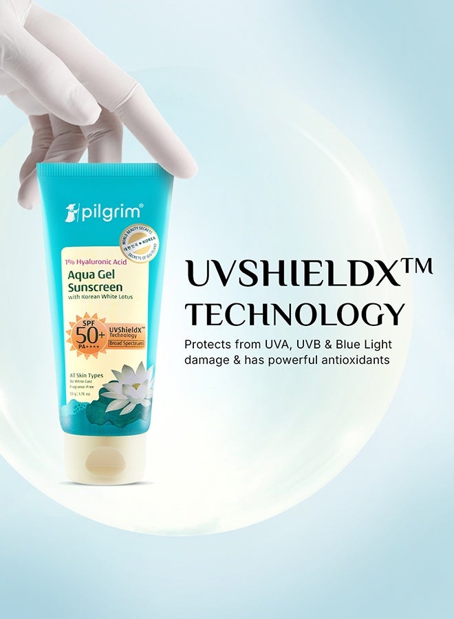 1% Hyaluronic Acid Sunscreen Gel | Sunscreen SPF 50 +++ for men and women with Korean White Lotus | Broad spectrum, Non-greasy, No white cast & Prevents Tanning | All skin types | 50 gm
