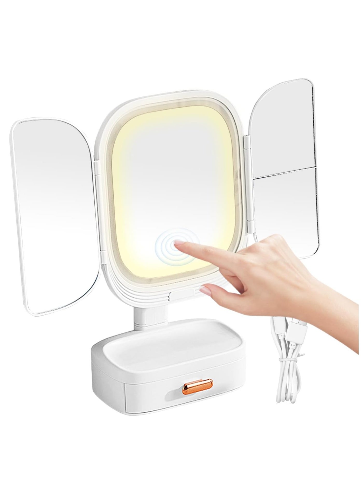 Folding Lighted Makeup Mirror, Trifold Makeup Mirror Vanity Mirror, Touch Control, Rotatable Table Makeup Mirror with Storage Box, Angle Adjustable LED Vanity Mirror, for Desk, Bathroom, Bedroom