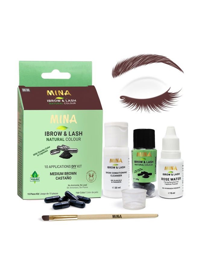 Mina ibrow & Lash Tint kit Medium Brown| Natural Spot coloring and Brow Tinting Kit Powder in Capsule, Water and Smudge Proof | Instant Brow dye, No Ammonia, No Lead