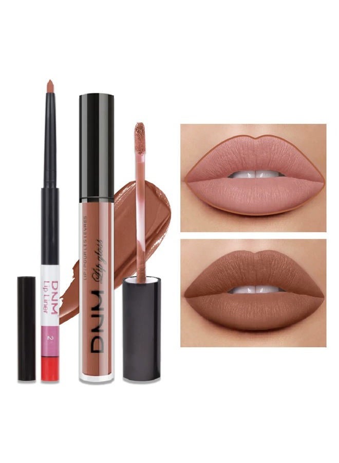 2Pcs Medium Brown Beige Lip Liner and Matte Lipstick Makeup Sets DNM Vegan Lipstick Lip Liner and Gloss Set Long Lasting Waterproof labiales mate 24 horas originales matte larga duracion 24 25#