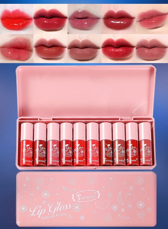 10Pcs Lip Gloss Set Natural Fruits Flavored Lip Gloss Moisturizing Hydrating Lip Glow Oil Lip Gloss Kit High Shine Lip Plumping Glass Finish Matte Liquid Lipstick for Women