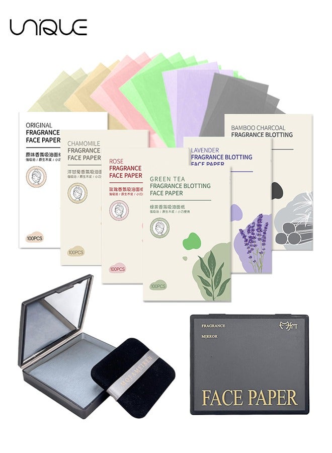 700 Pcs Facial Oil Blotting Paper - Facial Fragrance Blotting Paper - With Puff Mirror Face Blotting Paper - Oily Skin Care Blotting Paper - Men and Women - Suitable for All Skin Types - Portable