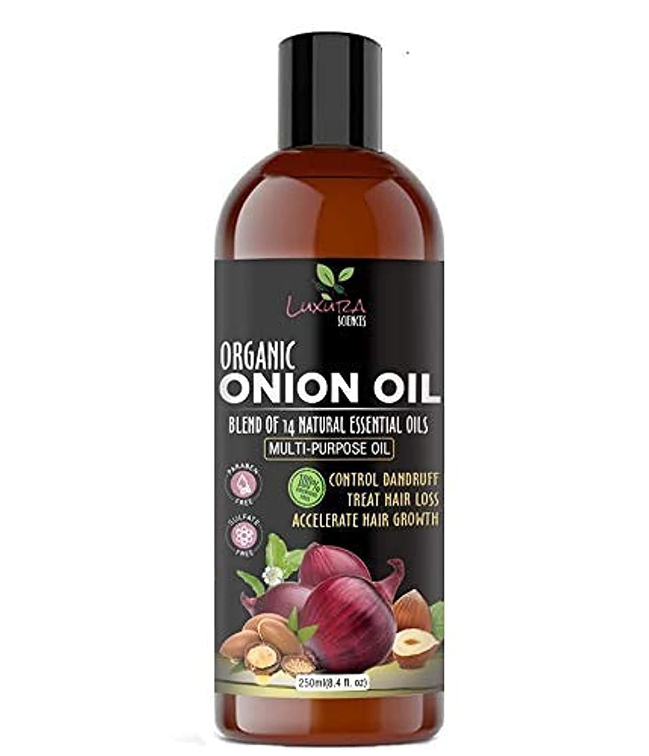 Luxura Sciences Organic Onion Oil | Controls Hair Loss, Dandruff, & Helps with Growth | Infused with 14 Essential Oils for Strong Roots | Sulfate-Free Hair Care | 8.45 Fl Oz/250ml