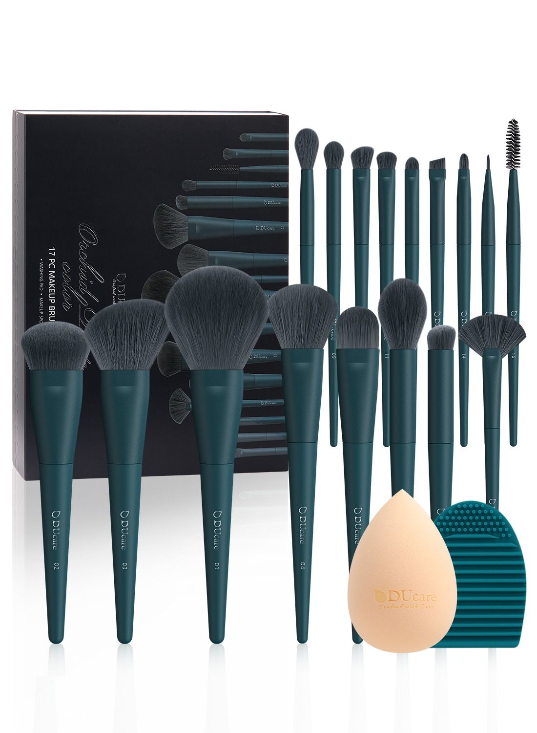 Makeup Brushes Set 17 Pcs with Brush Cleaning Mat and Makeup Sponge Professional Face Powder Eye Shadow Powder Liquid Cream Kit Gift Box