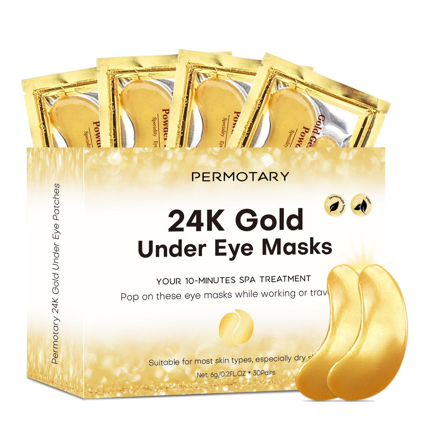 Permotary 30 Pairs 24K Gold Gel Crystal Collagen Under Eye Patches, Eye Mask for Moisturizing Skin, Lighten Dark Circles, Reduce Wrinkles & Puffiness â€“ Easy To Use Eye Patches for Firmness
