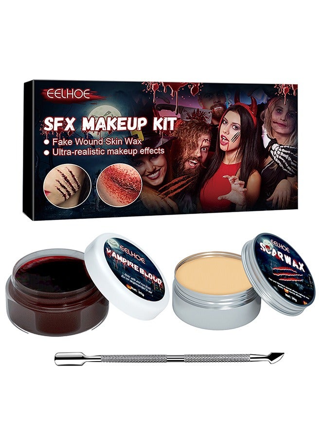 Sfx Makeup Kit,Scars Wax,Spatula, Stipple Sponge,Scar Water,Create Wound Special Effects Makeup Kit,Make Specail Effects For Halloween Festival & Party