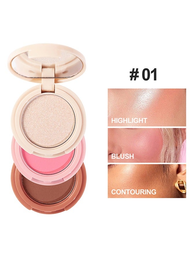 3 In 1 Highlight Brush Contouring - Powder Cheek For Face Blush Bronzer Palette Long-Lasting, Ultra-Thin, Natural And Bright Color Cushion Applicator Blendable Natural Makeup Face Blush（#01）
