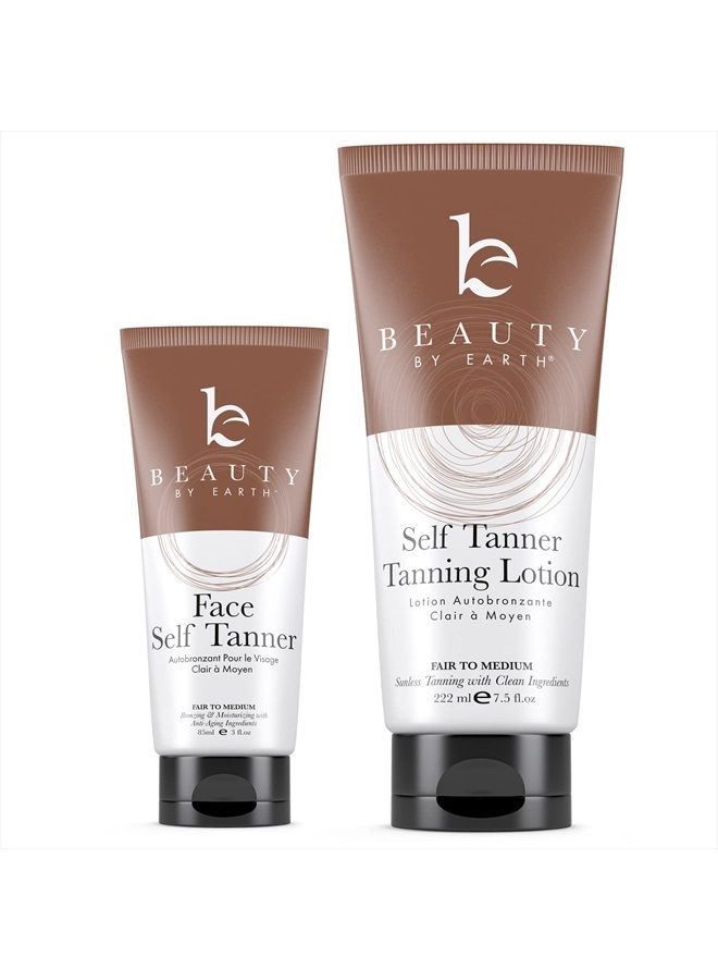 Self Tanner Face & Body - With Organic Aloe Vera & Shea Butter, Sunless Tanning Lotion, Bronzer Buildable Fair to Medium Tan, Fake Tan Self Tanners Best Sellers, 7.5oz (body) 3oz (face)