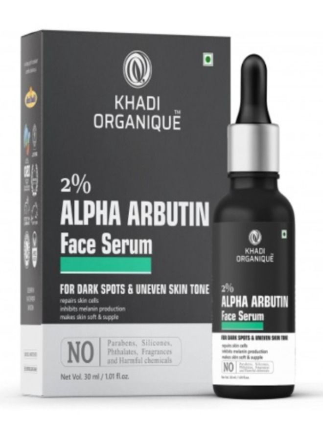 Khadi Organique Alpha Arbutin 2% + Hyaluronic Acid 1% Face Serum for Pigmentation & Dark Spots, Anti-pigmentation, Blemishes, Acne Marks & Tanning For Men & Women, 30Ml