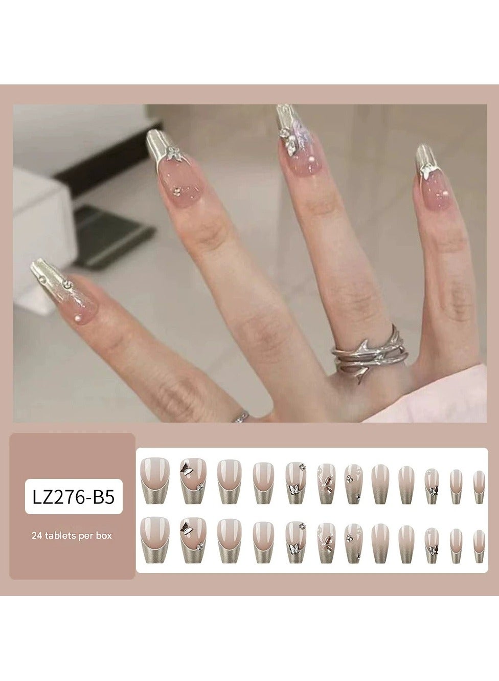 Silver Glitter Butterfly Press On Nails – Reusable Wearable False Nail Tips, 24pcs Sparkling, Party/Daily Wear