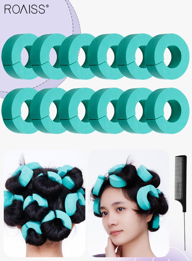 12Pcs Hair Curler C Shape Heatless Sponge Fluffy Styling Curling Ring Night DIY Reusable Curling Iron for Women Long and Medium-length Hair with Pointed Tail Comb - Green