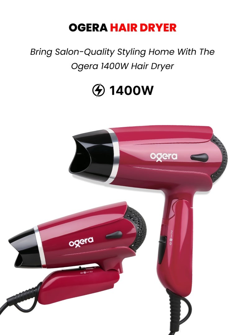 1400W Foldable Hair Dryer – Compact & Lightweight Design, Powerful Motor, 3 Heat Settings, Overheat Protection, Travel-Friendly Blow Dryer for Men & Women – Model OG2702HD, Red