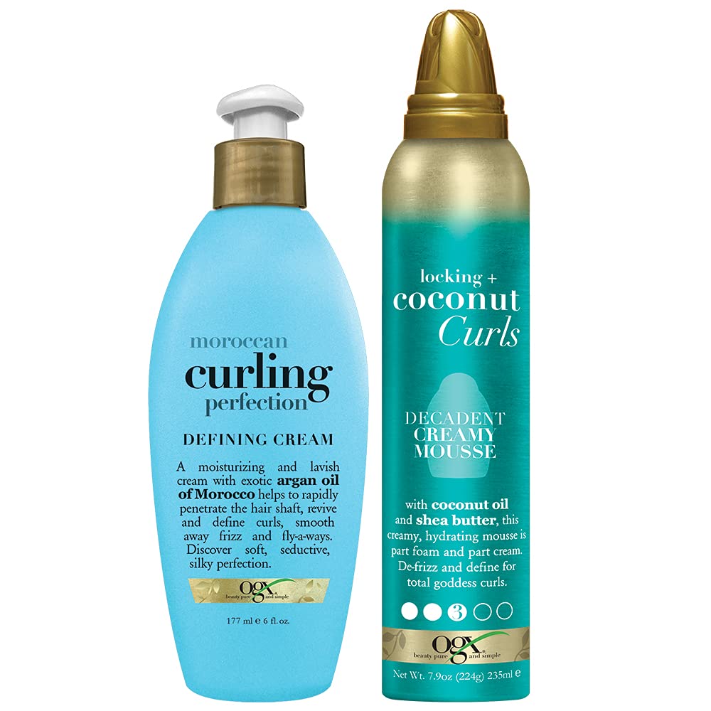 OGX Argan Oil of Morocco Curling Perfection Curl-Defining Cream, Hair-Smoothing Anti-Frizz Cream to Locking + Curls Decadent Creamy Mouse, Coconut, 7.9 Oz