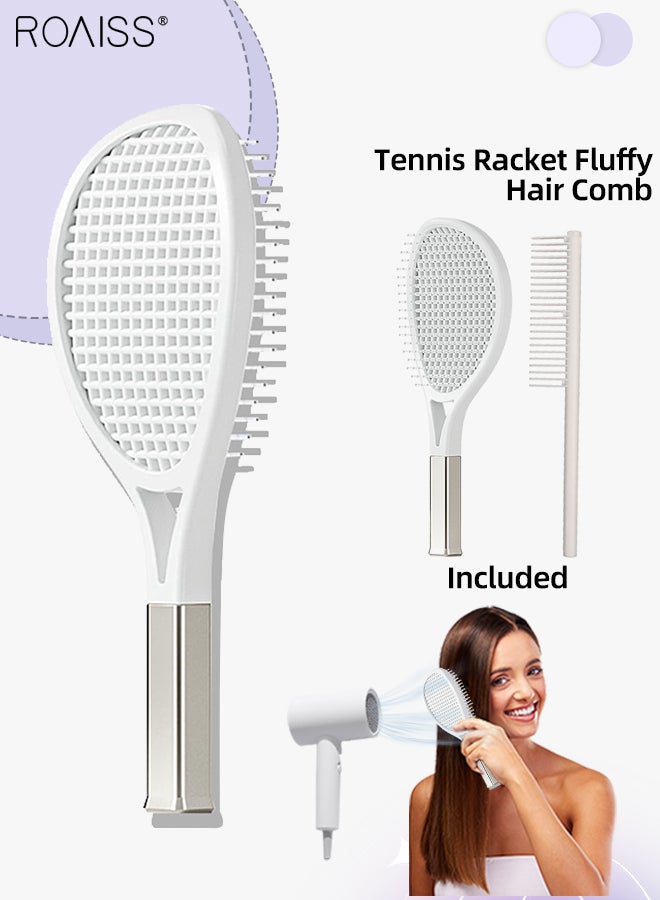 Tennis Racket Fluffy Hair Comb with Wide-tooth Detangling Comb Massage Comb Detangling Hairdressing Brush for Blow Drying Hair Volumizing Styling, White