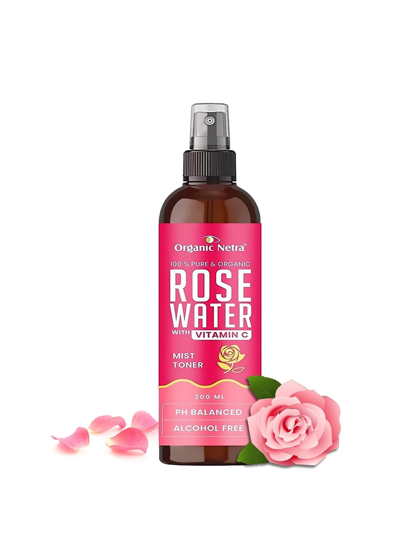 Organic Netra Rose Water with Vitamin C | Exfoliates the Skin and Controls Oil | Excellent for Clearing Away Makeup & Dirt from Pores| Mist Spray for All Skin Type | Paraben Free -200ml