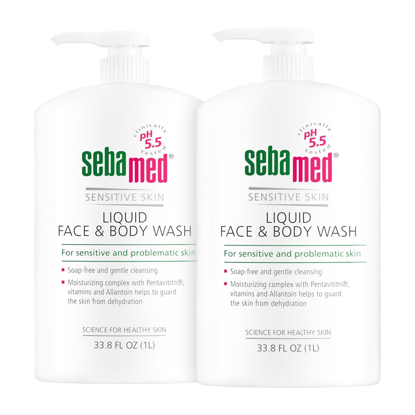 SEBAMED Paraben-Free Face and Body Wash With Pump for Sensitive and Delicate Skin pH 5.5 Ultra Mild Dermatologist Recommended Cleanser 33.8 Fluid Ounces (1 Liter) Set of 2 Value Pack, green