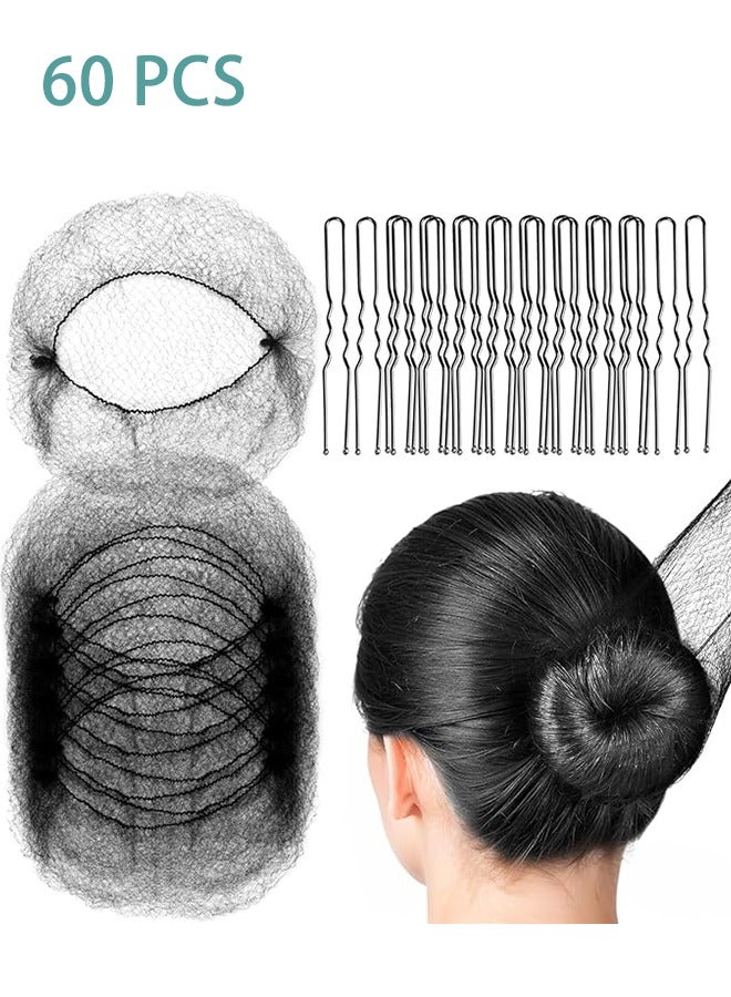 Black Hair Nets 60Pcs Hair Nets Invisible 60Pcs U Shaped Pins For Cleaning,Food Service, Bun Making, Ballet, and Versatile Hairstyling