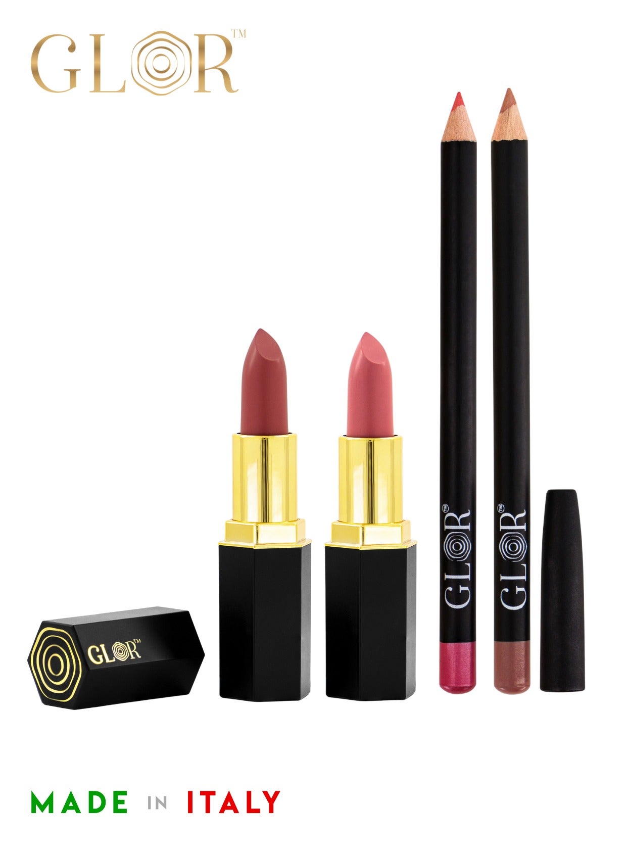 Glor Endless Charm Lipstick– Intense Long-Lasting Color, Luxurious Moisture, Ultra-Creamy Formula for Beautiful Lips-Voila + Whispering Rose  and Glor Endless Charm Ultimate Precision Lip Liner  –Vegan, Allergen-Free, Long-Lasting Lip Definition- Cafe + Lady Rose