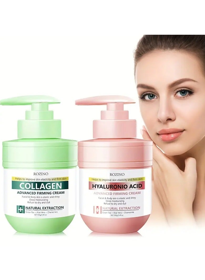2 pcs  Hyaluronic Acid & Collagen Face Cream Duo Set, 100g Each, Hypoallergenic, Moisturizing & Firming Cream for All Skin Types, Hydrating & Revitalizing with Glycerin, Long-Lasting Hydrationc