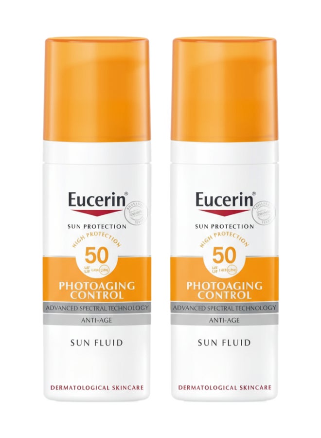 Pack Of 2 Face Sunscreen Photoaging Control Anti-Age Sun Fluid Suitable As Make-Up Base Orange 50ml