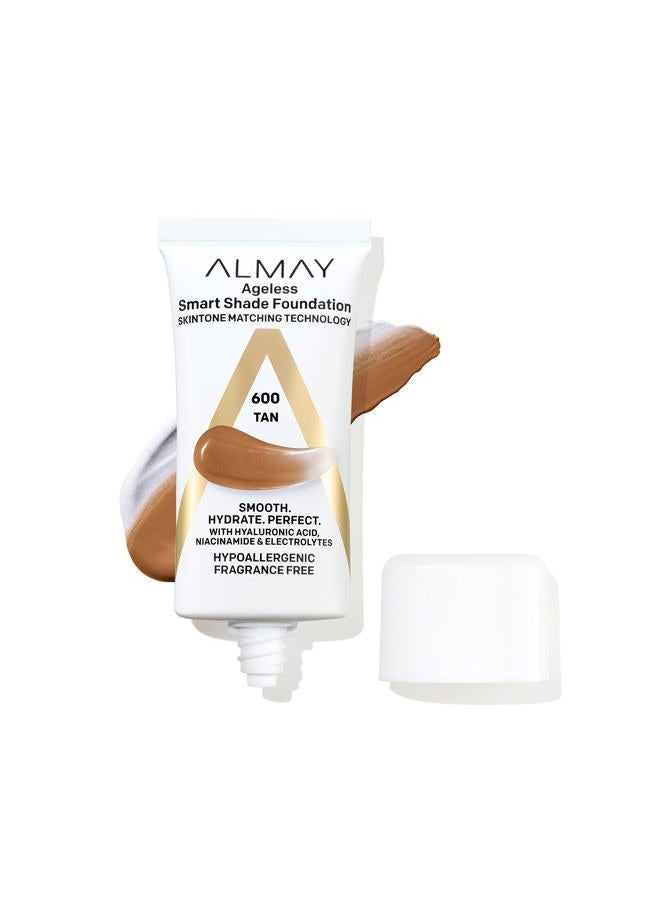 Anti-Aging Foundation, Smart Shade Face Makeup with Hyaluronic Acid, Niacinamide, Vitamin C & E, Hypoallergenic-Fragrance Free, 600 Tan, 1 Fl Oz (Pack of 1)